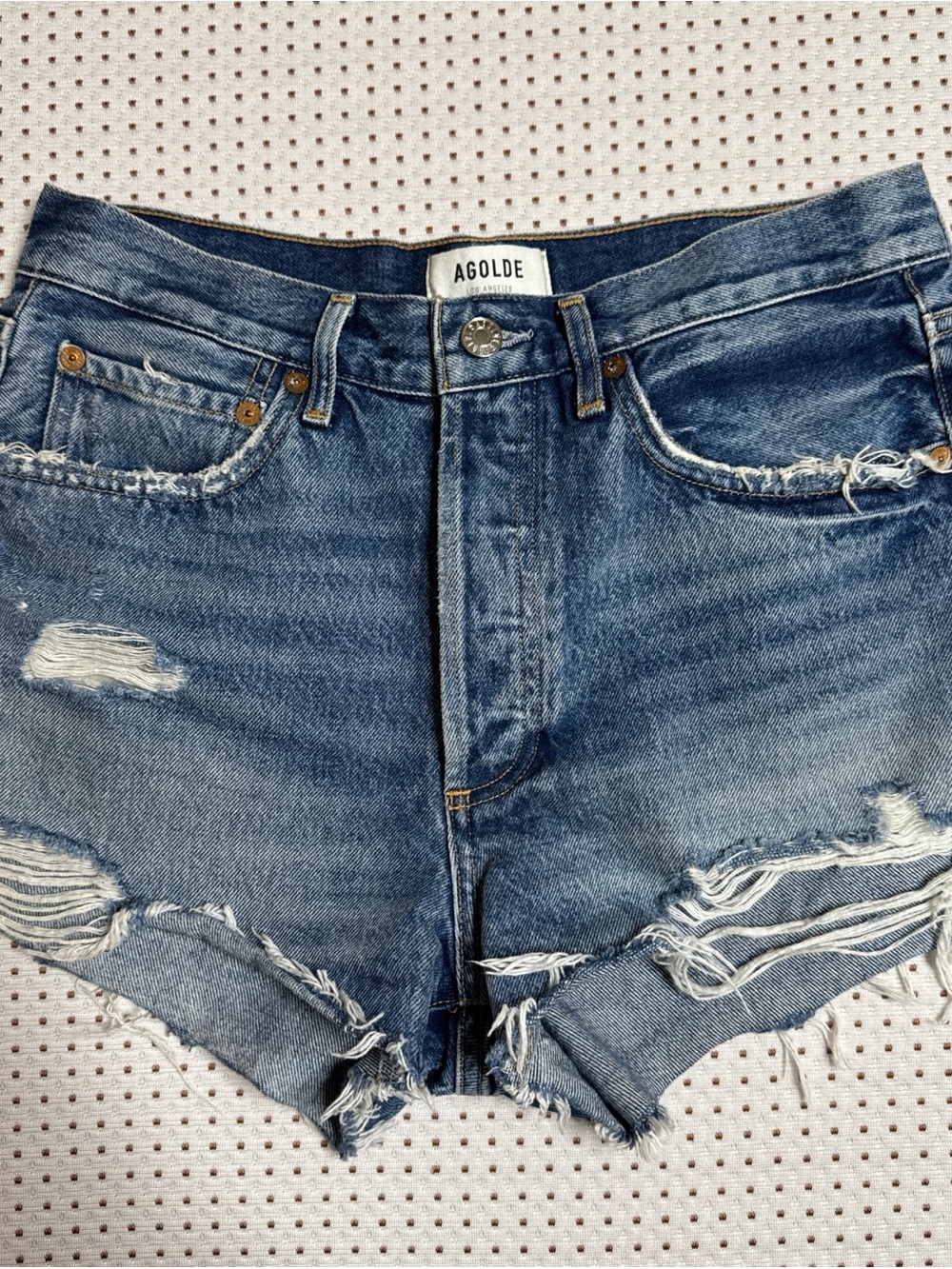 Agolde sz 27 Medium Blue Distressed High-Rise Denim Shorts